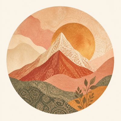 an emblem of a mountain peak inside a circle, simple bold shapes on a plain background, no text or lettering