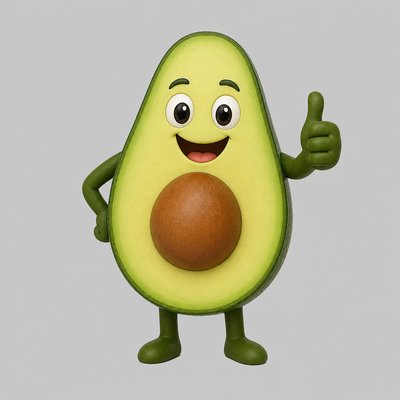 a happy avocado character giving a thumbs up, bold readable design on a plain background, no text