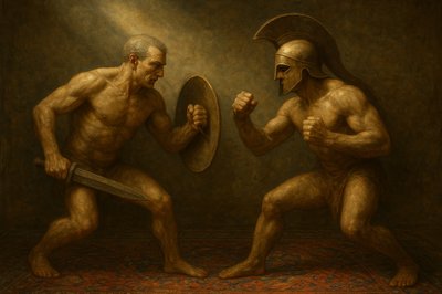 a painting of two men fighting with each other