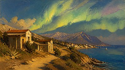 a flowing aurora over snowy peaks, wide sweeping composition, no people, no text