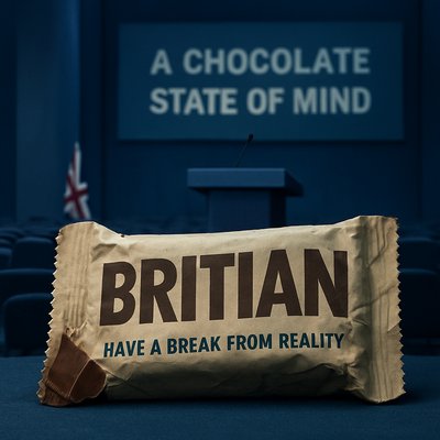 Image Brief — “Britian. A Chocolate State of Mind.” (Landscape / Conference Hall)

Visual Concept:
A photographic, data-style image capturing the absurdity of corporate branding and political satire. The chocolate bar spelling “Britian” is the central focus. The scene is staged in a conference hall, emphasizing the formal-but-absurd atmosphere of a high-profile political event.

Core Elements:
	•	Chocolate bar front and center, wrapper crumpled, spelling clearly visible.
	•	Backdrop / environment: realistic conference hall — lectern in the frame, faint rows of seating or stage elements, subtle signs of a political event. No office props.
	•	Palette: predominantly blue tones (lighting, hall décor, banners), with small Tory-signifier accents (navy, subtle red) to hint at political context.
	•	Orientation: landscape (wide) — must match the style and aspect ratio of other blog images.
	•	Lighting / style: naturalistic photography; soft, realistic shadows; slightly moody, surreal undertone; no cartoonish or illustrative effects.
	•	Mood / atmosphere: dry, ironic, subtly surreal — visually echoing Tom Kite’s sardonic, satirical voice.

Typography (optional):
Small text on wrapper: “Have a break from reality” in clean, bold type, integrated naturally into the photographic scene.

Use / Context:
	•	Featured image for blog post “Britian. A Chocolate State of Mind.”
	•	Must work as both thumbnail and full-size blog header.
	•	Maintain photographic, slightly surreal style consistent with other blog imagery

Inspiration is Hannah Hoch, Jean-Michel Basquiat, John Stezaker