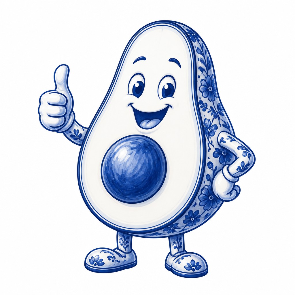 a happy avocado character giving a thumbs up, bold readable design on a plain background, no text