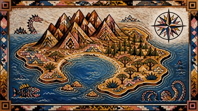 a map of an island realm with mountains, forests, a sheltered bay, sea monsters in the water and a compass rose, no text labels