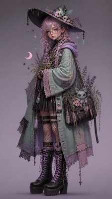 full-body original character: a wandering botanist with a satchel of plants, a patched green cloak, tall boots and round glasses, neutral background
