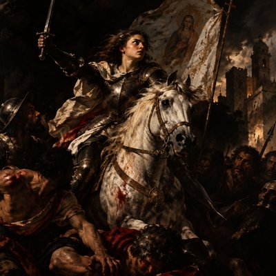 Joan of Arc on horseback with sword