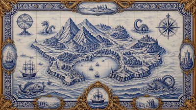 a map of an island realm with mountains, forests, a sheltered bay, sea monsters in the water and a compass rose, no text labels