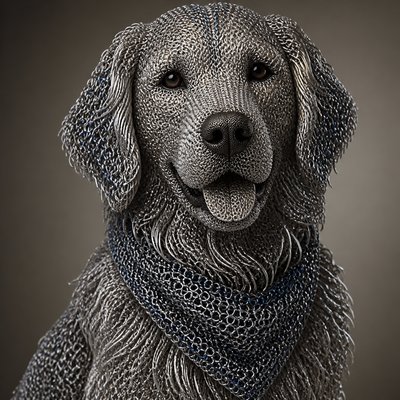 portrait of a golden retriever wearing a blue bandana, warm plain backdrop, no text