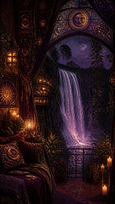 towering waterfall cascading down a cliff
