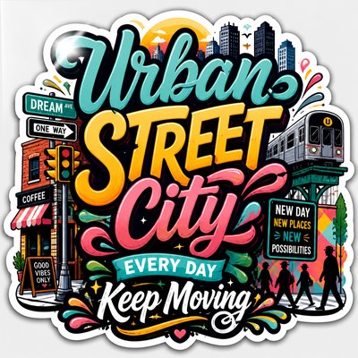 urban street with city activity — Typography Sticker Design