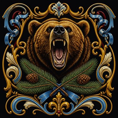 a roaring bear head above crossed pine branches, bold graphic composition on a plain background, no text