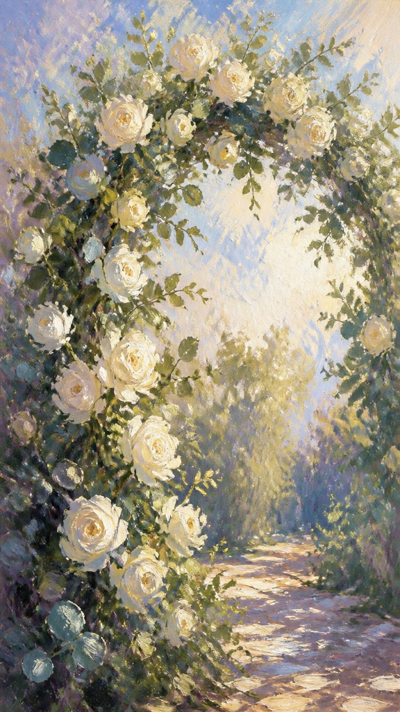 an arch of white roses and eucalyptus in soft morning light, elegant vertical composition with open space, no text