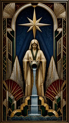 a robed figure pouring water beneath a large eight-pointed star in a night sky, symmetrical composition with an ornate decorative border, no text