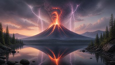 an erupting volcano with lightning strikes, dramatic wide composition, no text
