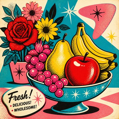 still life arrangement of fruits and flowers