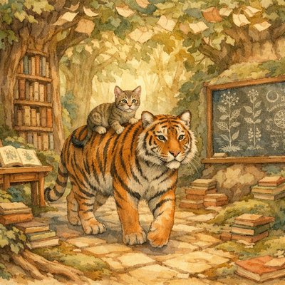 Art Style & Atmosphere: A richly detailed, cinematic fantasy photograph with a whimsical, storybook quality. The lighting is dappled and golden, filtering through a complex canopy, creating a serene and wondrous atmosphere.

The Subjects: A magnificent, large Bengal tigress with deep orange and black fur walks with a slow, confident stride through the center of the frame. Perched comfortably on her shoulder blades, looking around with wide-eyed curiosity, is a small tabby kitten with unusual, muted olive-green and brownish-grey striped fur.

The Environment (The Forest-Library): The setting is a seamless, magical fusion of an ancient woodland and a grand library.

    The Trees: Towering, gnarled trees have trunks that are not just bark, but carved wooden bookshelves packed tight with thousands of leather-bound books, scrolls, and codices.

    The Canopy: The "leaves" above are a mixture of real green foliage and open book pages fluttering in the breeze, creating a stained-glass effect with the sunlight.

    The Floor: The forest floor is a mix of moss, roots, and stacks of old books that look like natural rock formations or undergrowth.

    School Elements: Old, weathered wooden school desks are integrated into the landscape, some overgrown with ivy, holding open botanical textbooks. A large slate chalkboard, covered in arcane botanical diagrams, is embedded into a mossy rock face.

Composition: A wide-angle shot showing the scale of the environment as the tigress and kitten move along a path paved with worn flagstones and embedded encyclopedias.