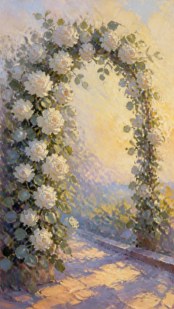 an arch of white roses and eucalyptus in soft morning light, elegant vertical composition with open space, no text