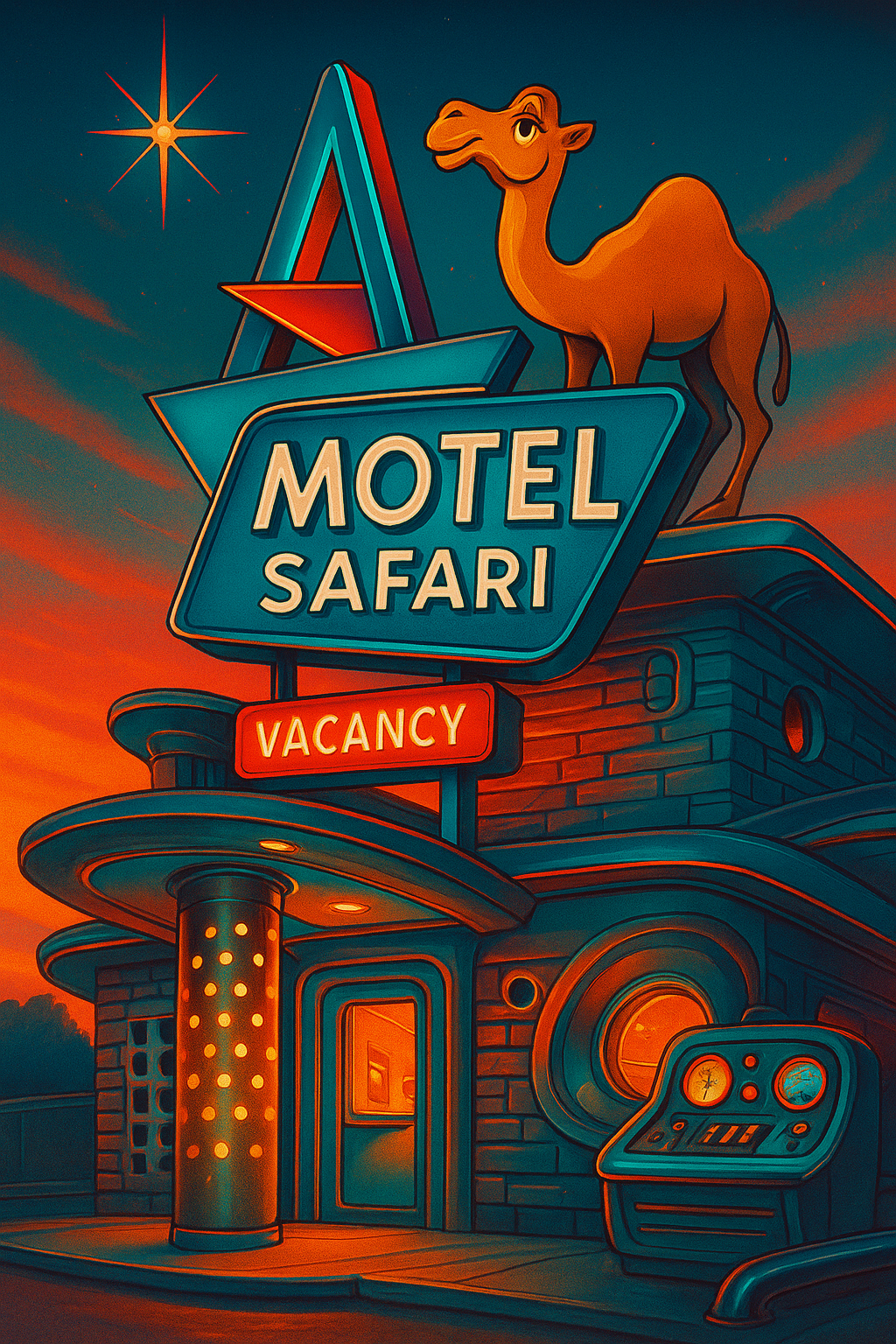 Create an image of the Motel Safari in Tucumcari, showcasing its distinctive Doo Wop or Googie architectural style. The design should feature counter-stacked brickwork with oozing mortar, cinder block walls with unique openings, and metal cylinders with perforated holes that glow softly at night. The sign should incorporate playful geometric shapes, with Clyde the Camel prominently perched on top, illuminated against a vibrant sunset sky. Include a retro Route 66 vibe with neon accents and a welcoming "VACANCY" sign.