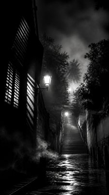 a mysterious forest path with fireflies and drifting mist, atmospheric vertical composition with open space at the top, no text