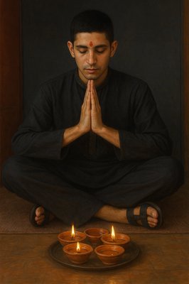 a painting of a man sitting in front of a plate of candles