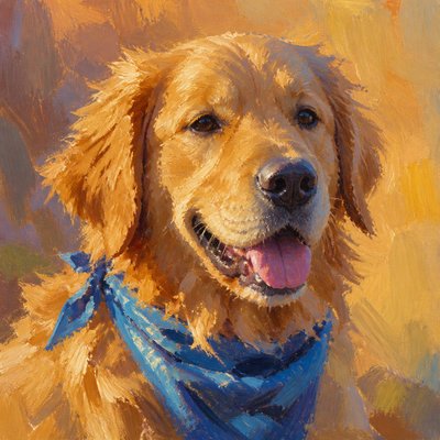 portrait of a golden retriever wearing a blue bandana, warm plain backdrop, no text