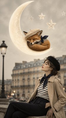 a sleeping baby fox curled on a crescent moon among soft stars, gentle and warm, no text