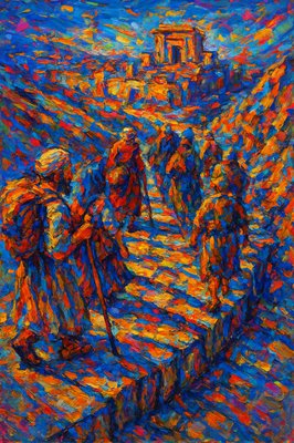 a painting of a group of people walking up steps