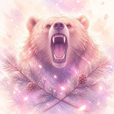 a roaring bear head above crossed pine branches, bold graphic composition on a plain background, no text