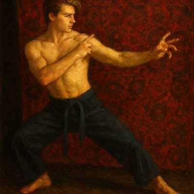 a painting of a shirtless man doing karate