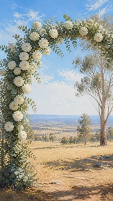 an arch of white roses and eucalyptus in soft morning light, elegant vertical composition with open space, no text