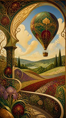 a hot air balloon drifting over rolling flower fields on a sunny day, cheerful, no text