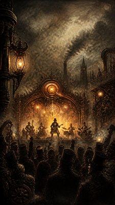 a live music scene with a glowing stage and silhouetted crowd, energetic vertical composition with open space at the top, no text