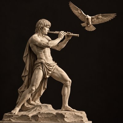 a statue of a man with a flute and a bird
