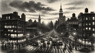 bustling city street panorama at dusk
