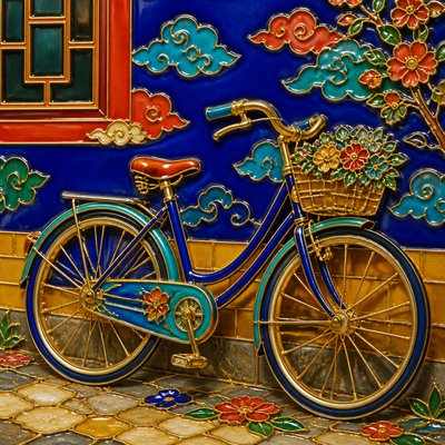 bicyle resting against a wall — Enamel Cloisonné Jewelry Design