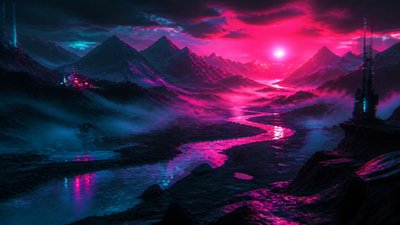 a vast valley with a river winding toward distant mountains at sunrise, no people, no text