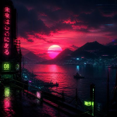 a dramatic sunset over calm water with silhouetted hills