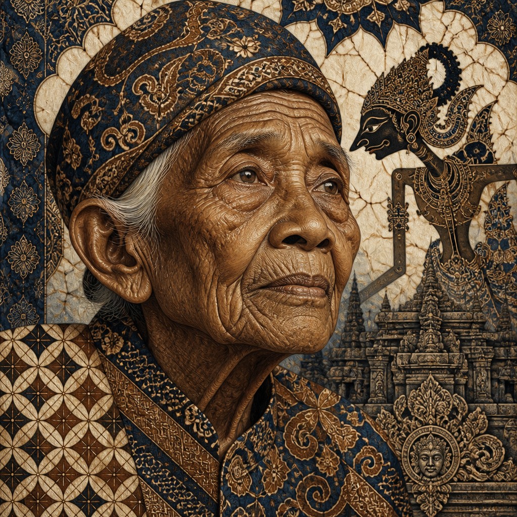 close-up portrait of an elderly person with expressive weathered features — Indonesian Art Style