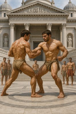 a group of men standing next to each other in front of a building