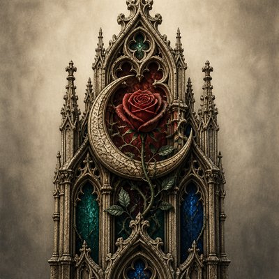 a rose entwined with a crescent moon, clean balanced composition on a plain background, no text