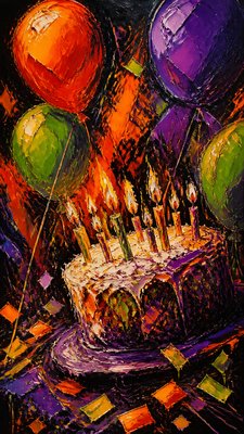 a birthday cake with lit candles surrounded by balloons and confetti, festive vertical composition, no text