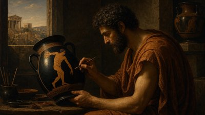 Greek vase painter with ignudi athlete lifting a discus