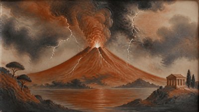 an erupting volcano with lightning strikes, dramatic wide composition, no text