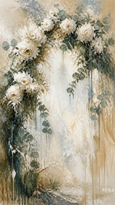 an arch of white roses and eucalyptus in soft morning light, elegant vertical composition with open space, no text