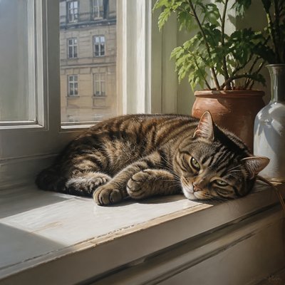 a cat lounging in a sunlit window