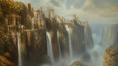 a cliffside city with waterfalls cascading into a misty canyon, wide establishing shot, no people, no text
