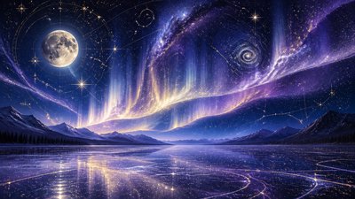 a sweeping aurora over a frozen lake, no people