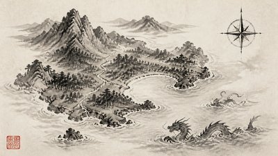 a map of an island realm with mountains, forests, a sheltered bay, sea monsters in the water and a compass rose, no text labels