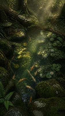 a koi pond with lily pads seen from above, no people