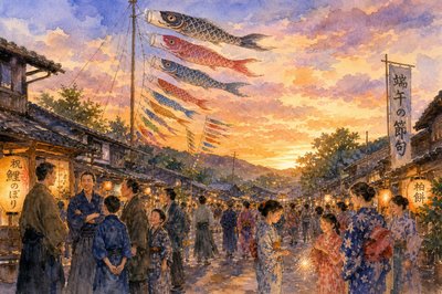 The scene is a rural mid-sized village in central Japan, sometime in the 19th or early 20th century.  It's late afternoon, just before sunset, twilight, and the heat of the day has passed.  This is Boy's Day, May 5th.  Men and boys dressed in hakama, and women and girls in yukata and some in kimono are milling around in the street.  Some are holding sparklers.  Others are standing in groups talking proudly about the boys in their families.  Prominently displayed above the buildings, on a high pole, about 20 "koi nobori" are flying in the evening breeze.  "Koi nobori,” are large tubular kites made from silk and attached to high poles.  The kites are shaped something like a windsock, but are decorated as brightly colored koi fish, with the large end attached to the pole.  When the wind blows through the opening, decorated like the open mouth of the Koi, the fish looks like it is swimming, but not going anywhere.  Boys are encouraged to look up and admire the fish on the pole for their strength and stamina.  The scene is festive, but also very important.
