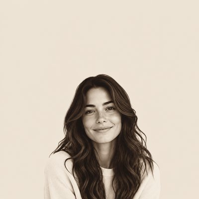 head-and-shoulders portrait of an original character: a young woman with wavy chestnut hair and a warm smile, plain soft backdrop